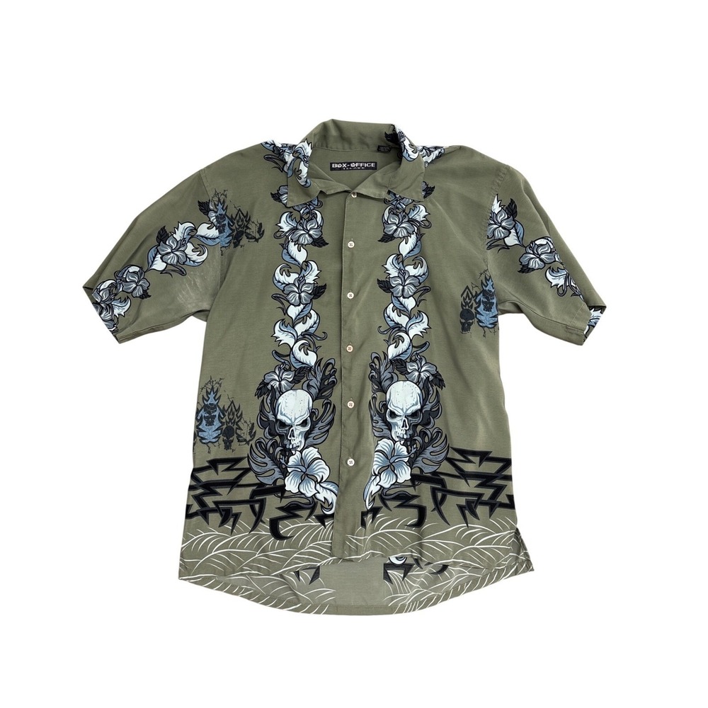 Box Office Island Mens Skull Hibiscus Tribal Print Shirt Olive Green Large L